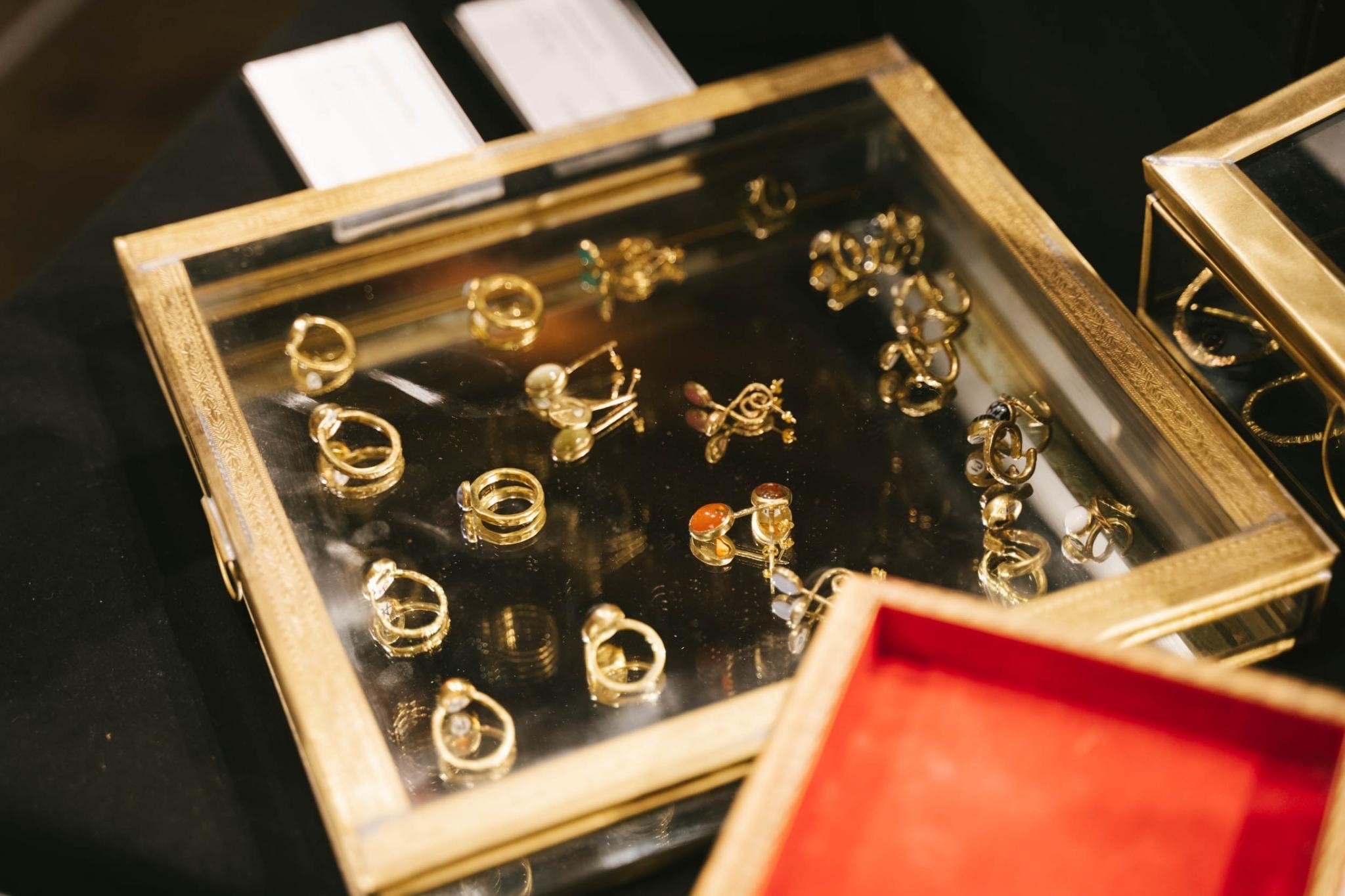 Rings in glass display case