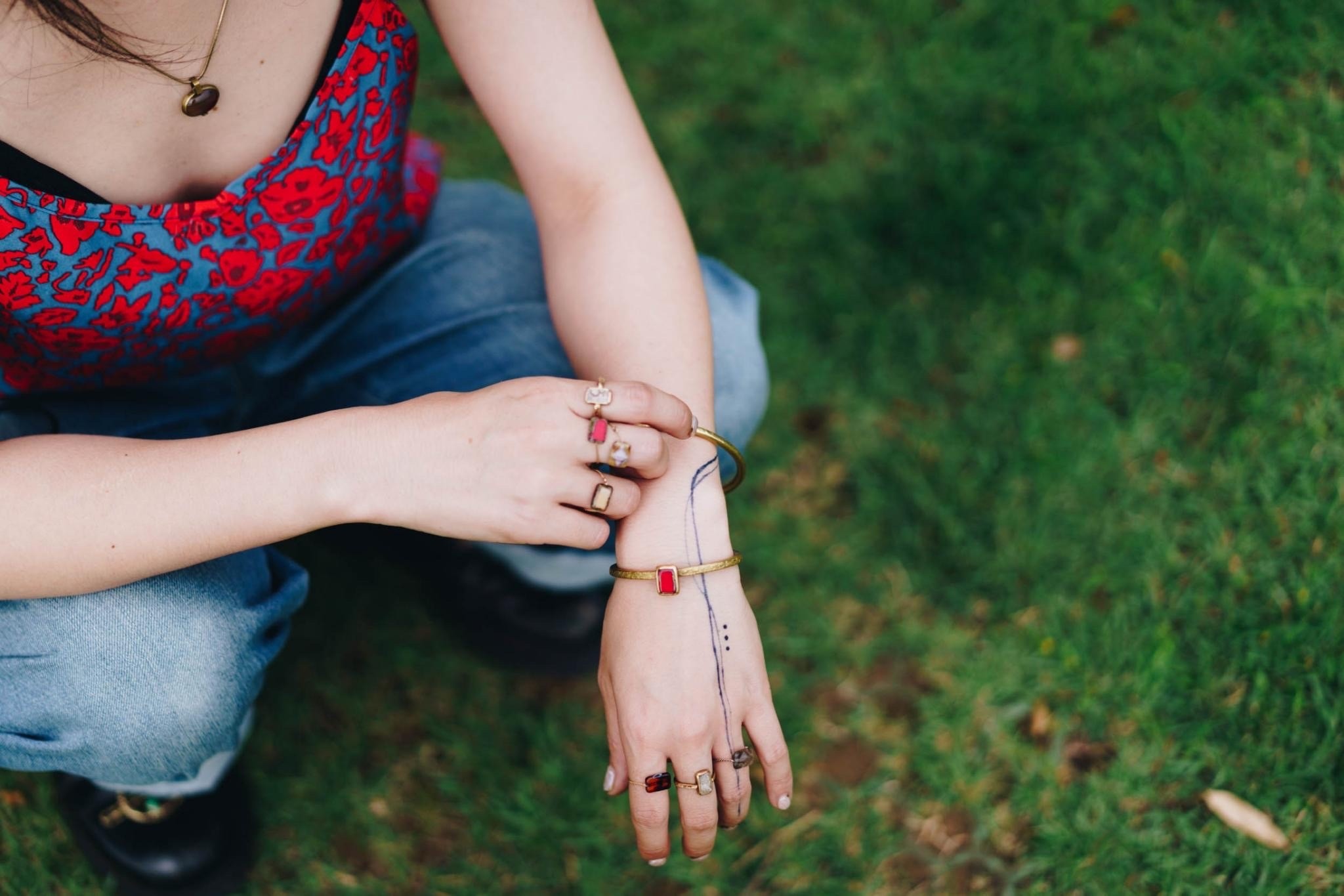 Worn rings and bracelets, outdoors